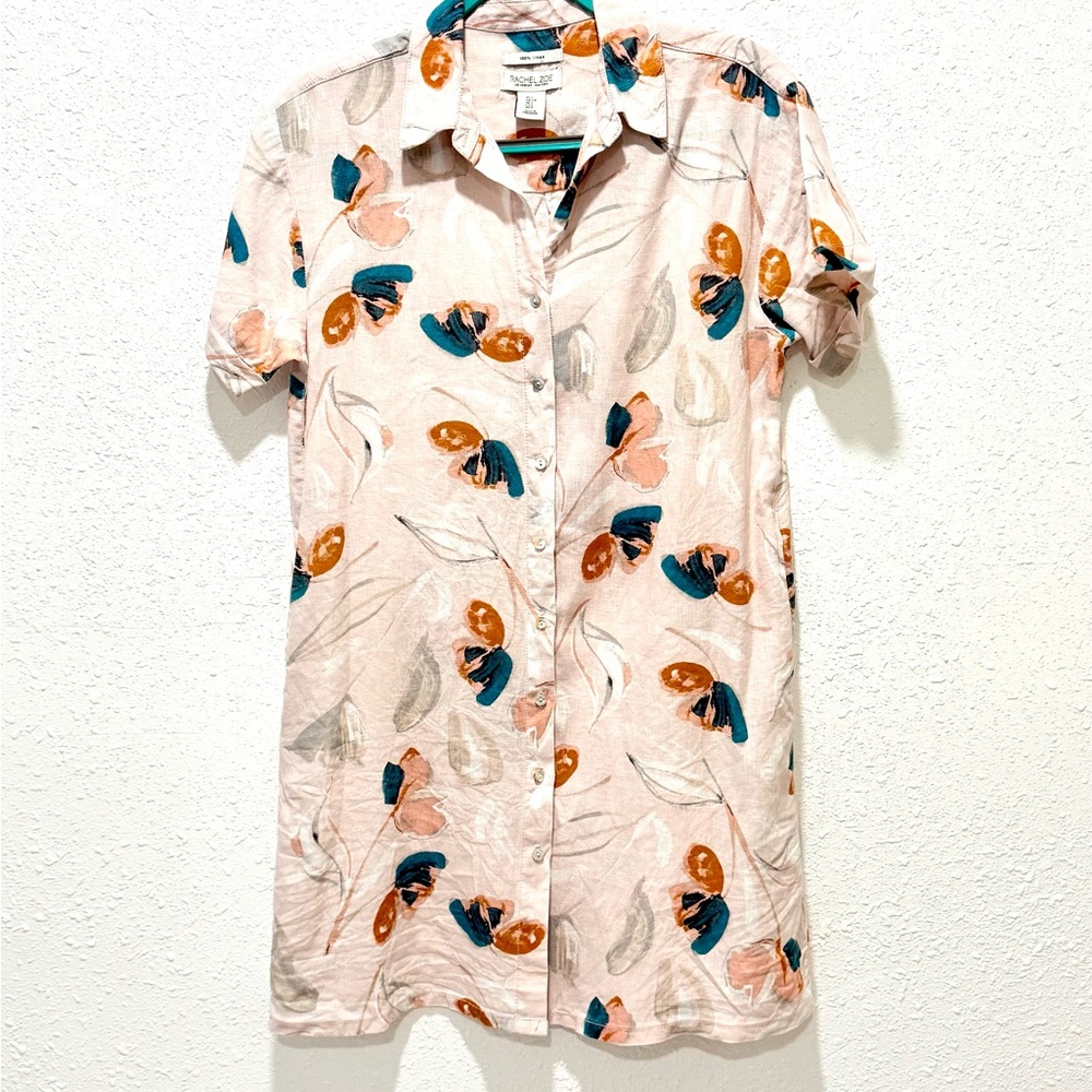 Rachel Zoe pink and teal floral 100% linen short-sleeve button-up shirt S